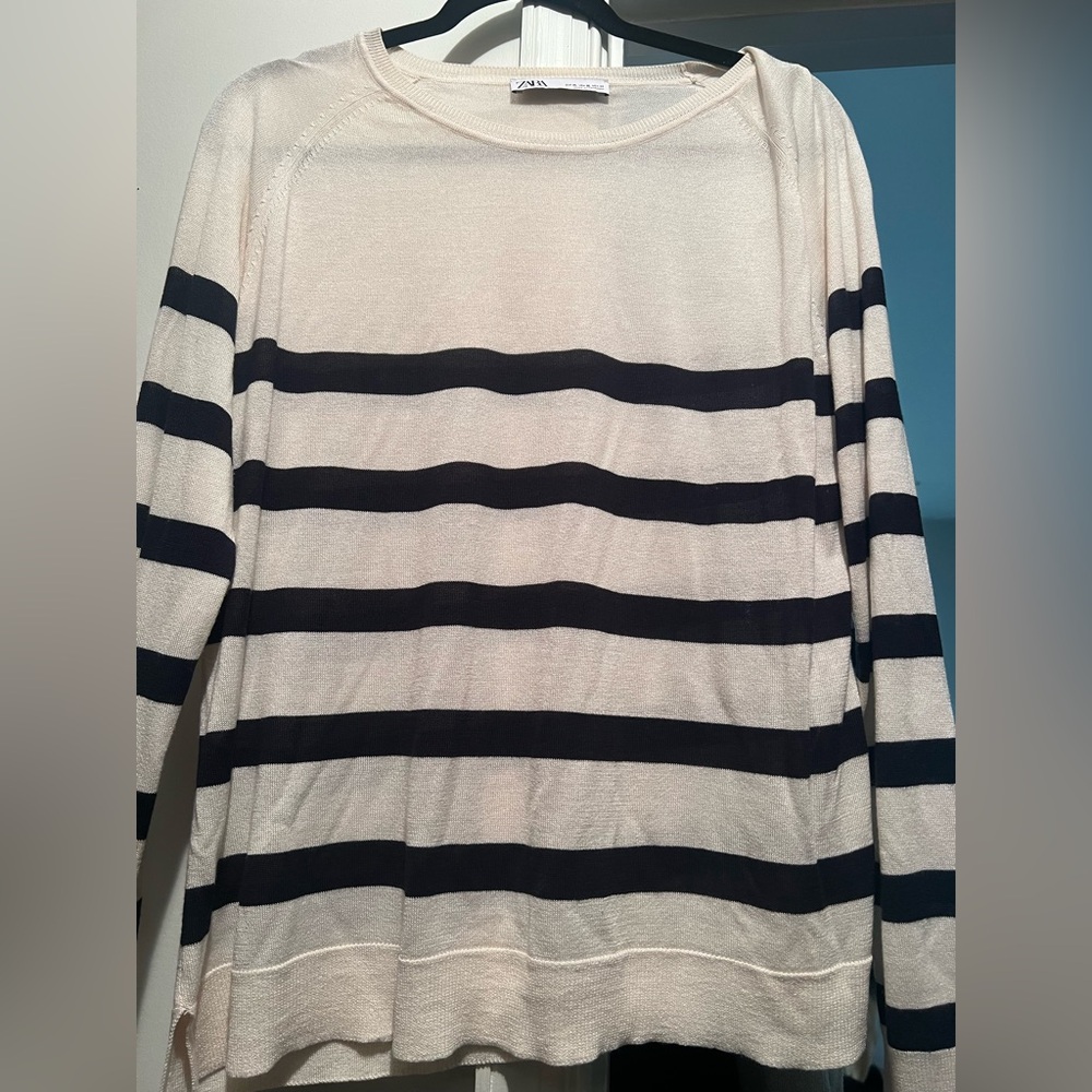 Zara Cream and Black Striped Crewneck Sweater